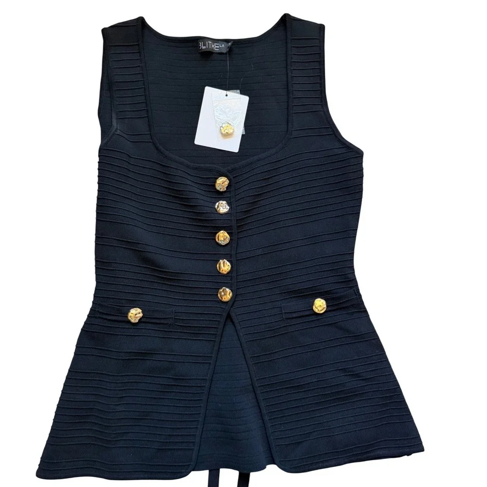 Blithe LA Black Knit Vest and Pleated Maxi Skirt 2 Piece Set Gold Buttons Large